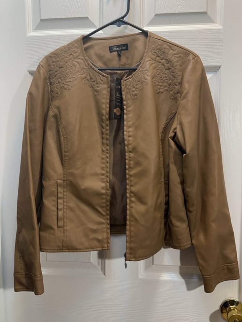 Baccini Tan Embroidered Collarless Faux Leather Jacket
